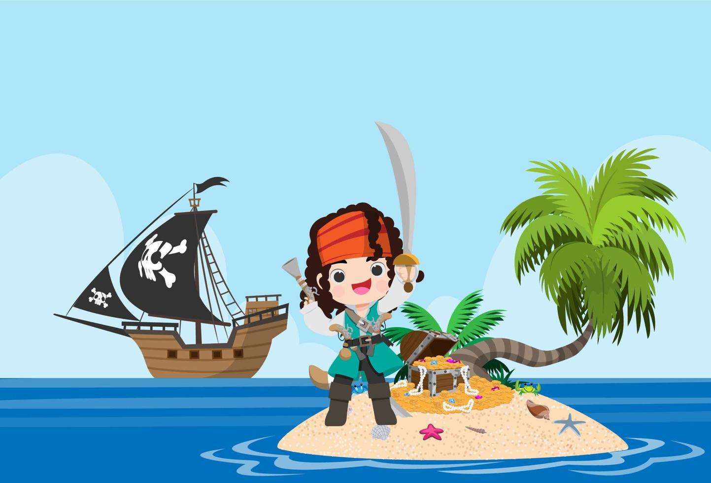 The pirate treasure island scene has a treasure chest filled with gold coins, gems and pearls. vector