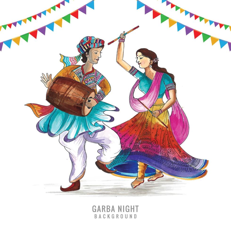 Beautiful couple playing dandiya in disco garba night background vector