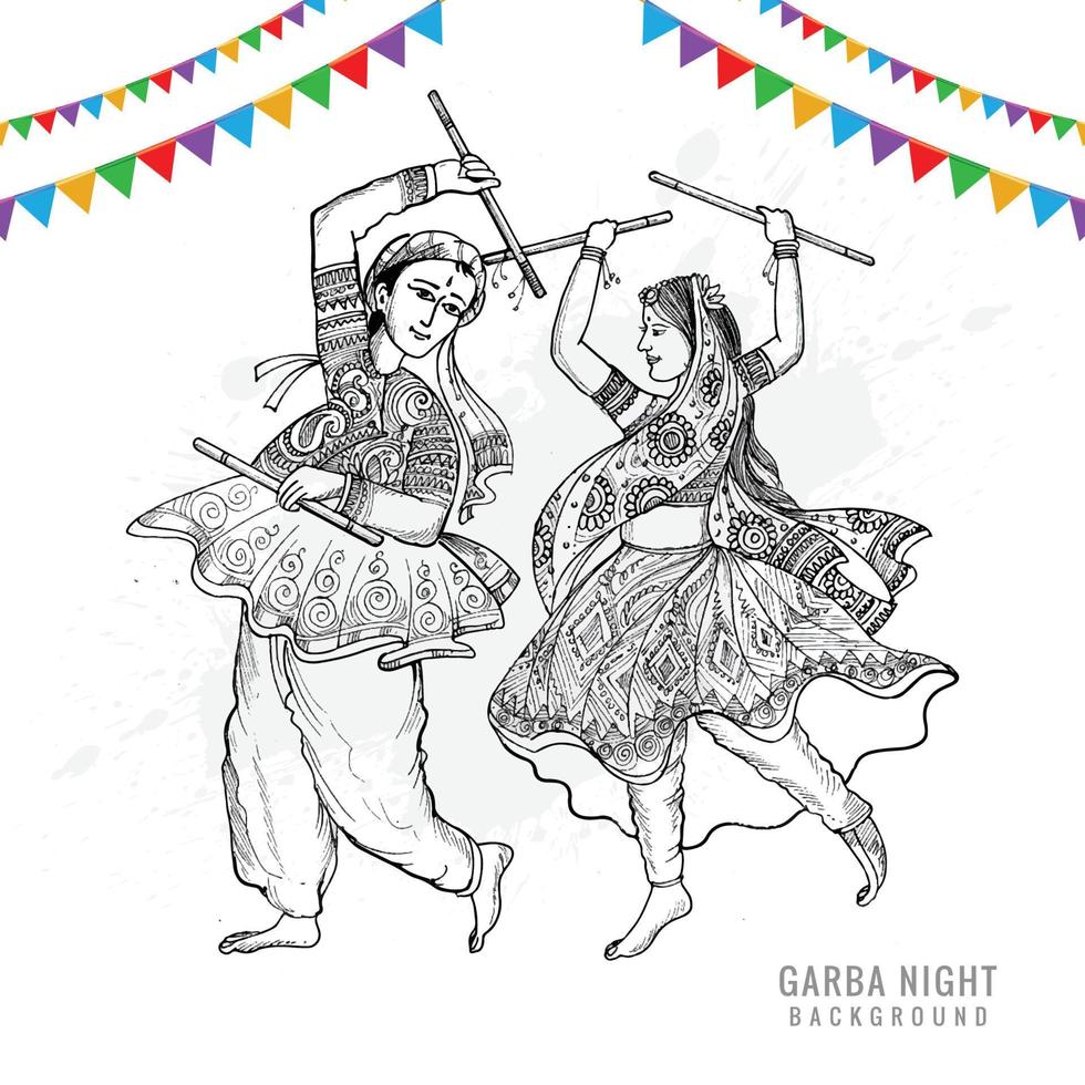 Beautiful couple playing dandiya in disco garba night sketch background vector