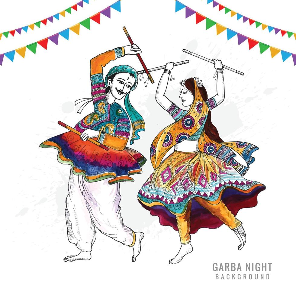 Beautiful couple playing dandiya in disco garba night background vector