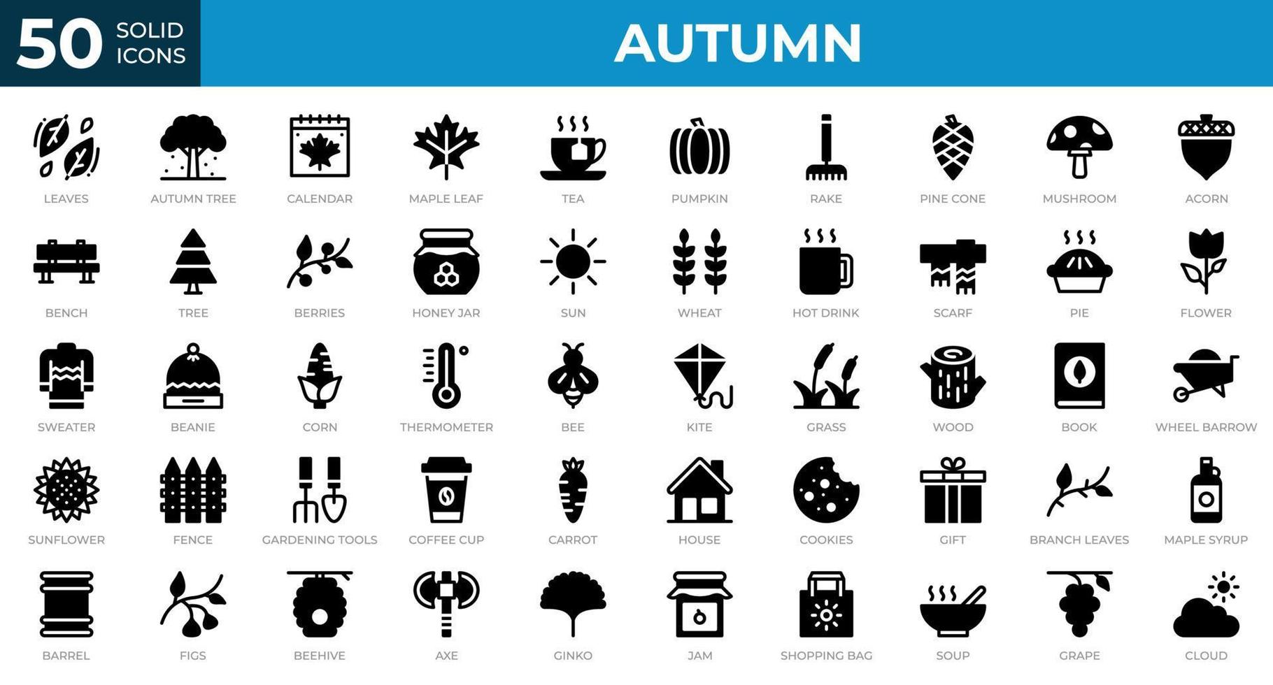 Set of 50 Autumn icons in solid style. Leaves, berries, sweater. Solid icons collection. Vector illustration