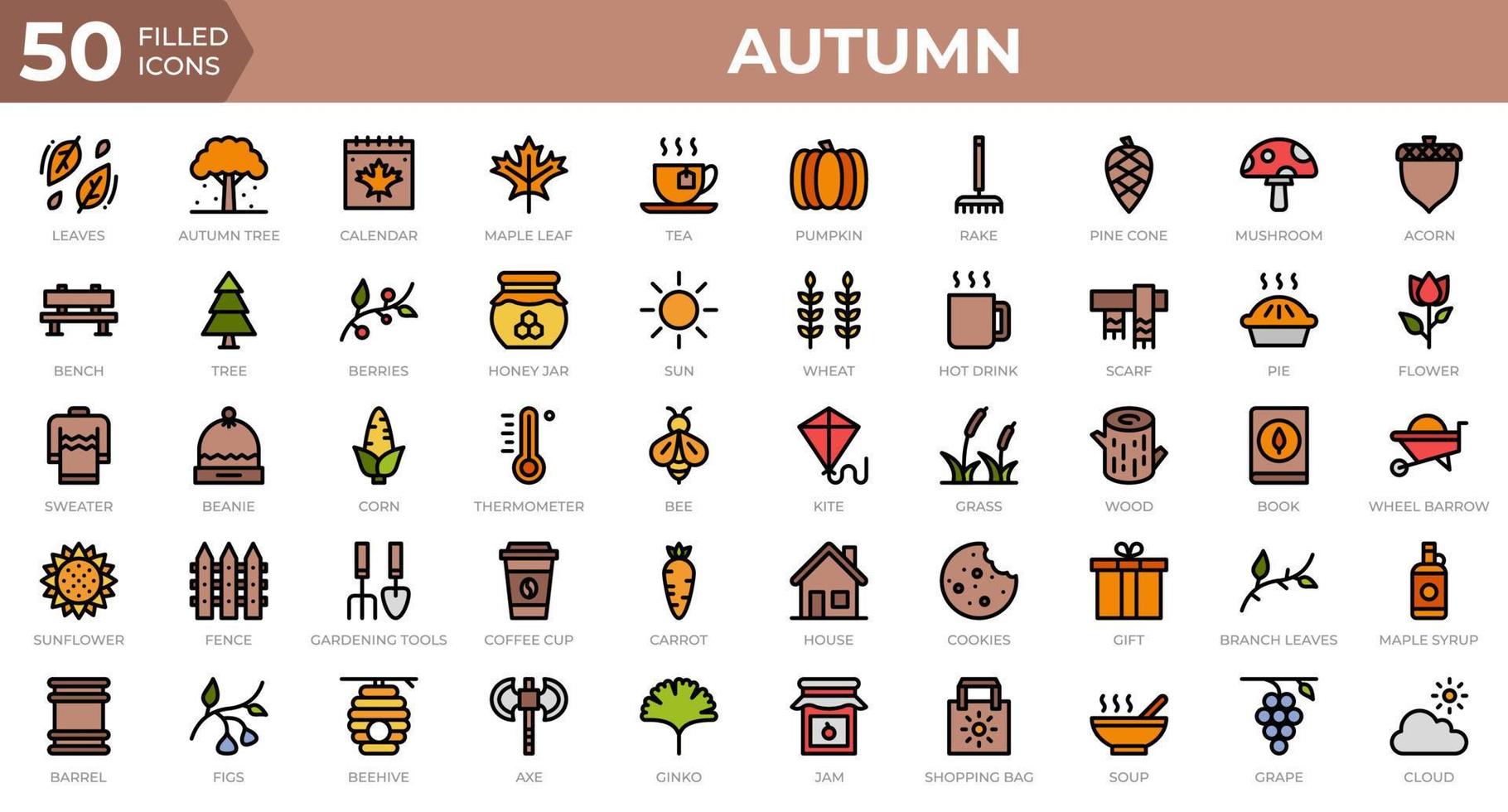 Set of 50 Autumn icons in filled outline style. Leaves, berries, sweater. Filled outline icons collection. Vector illustration