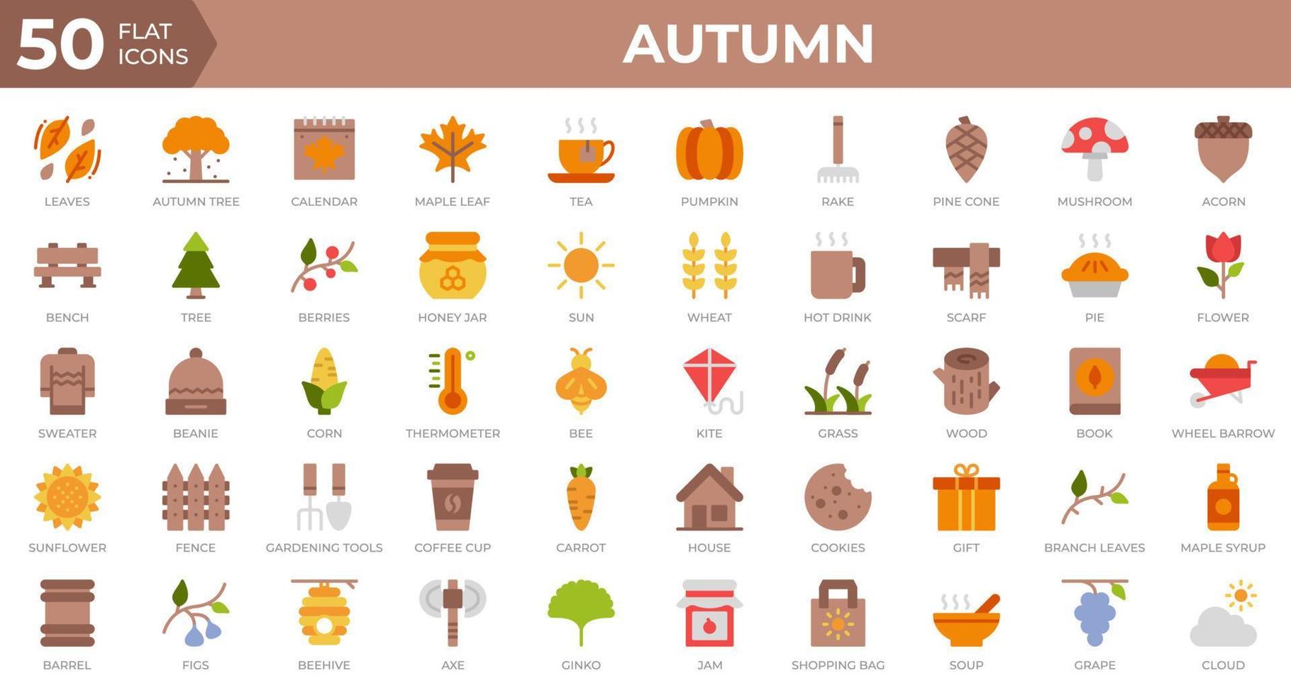 conjunto de 50 iconos de otoño en estilo plano. hojas, bayas, suéter. colección de iconos planos. ilustración vectorial vector