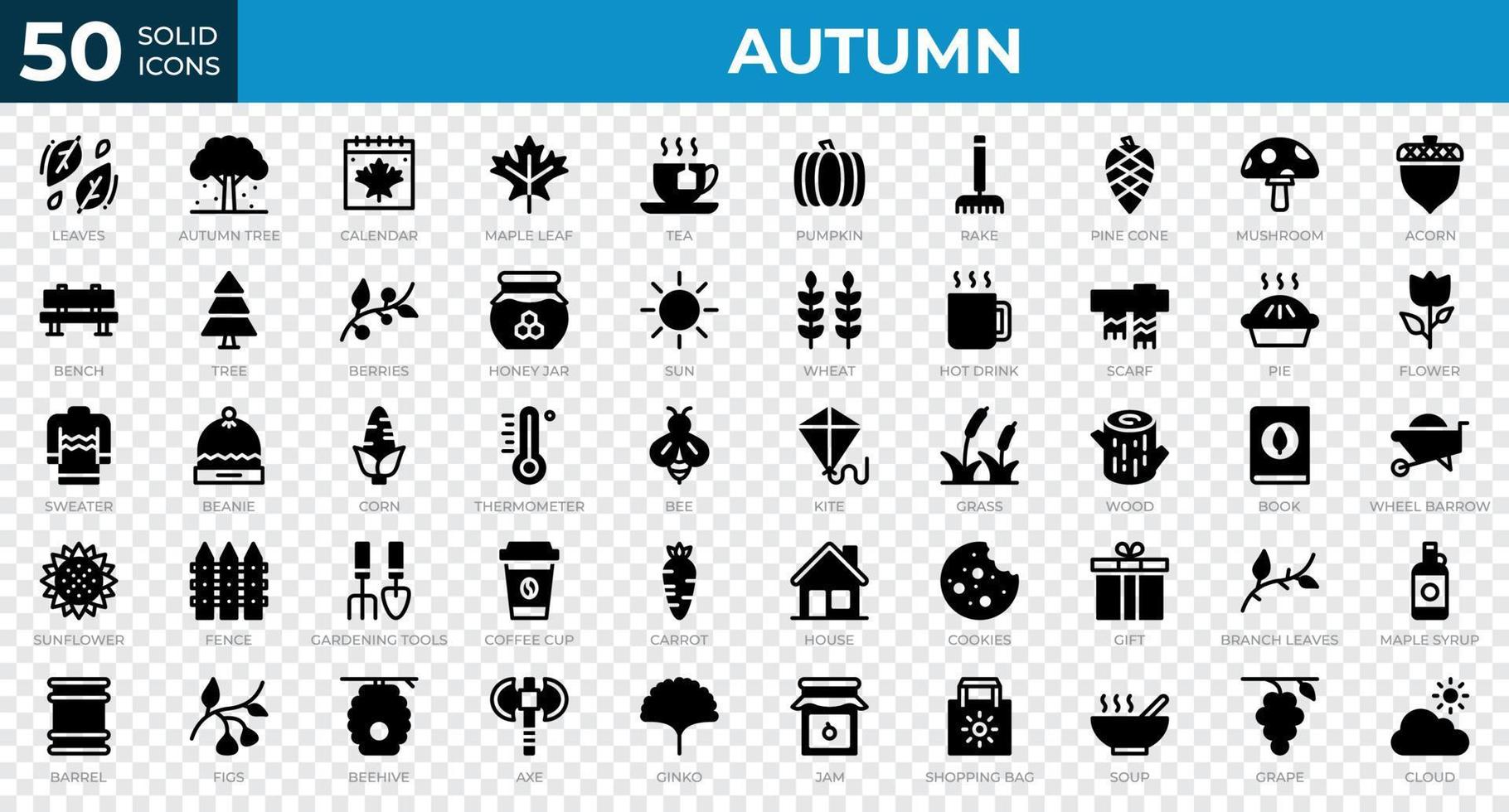 conjunto de 50 iconos de otoño en estilo sólido. hojas, bayas, suéter. colección de iconos sólidos. ilustración vectorial vector