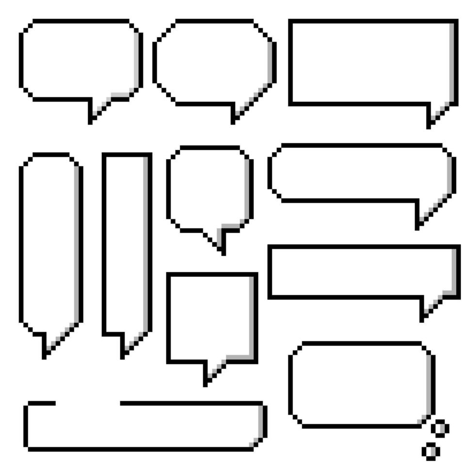 collection set of retro game 8 bit line pixel speech bubble balloon black and white color with shadow, flat design vector illustration