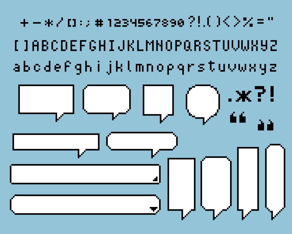 collection set of retro game 8 bit pixel speech bubble balloon, text box banner, black and white color, flat design vector illustration