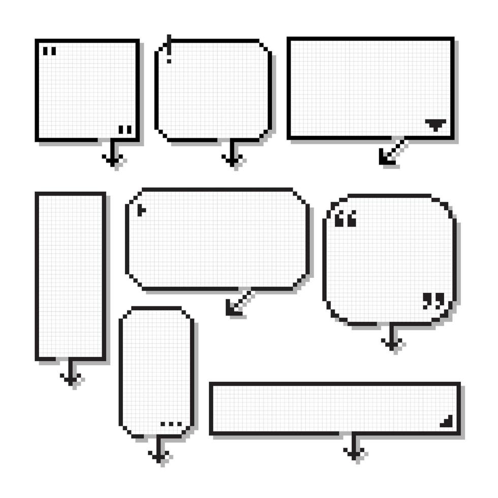conjunto de colección de juego retro globo de burbuja de voz de píxel de línea de 8 bits color blanco y negro con flecha y sombra, ilustración vectorial de diseño plano vector