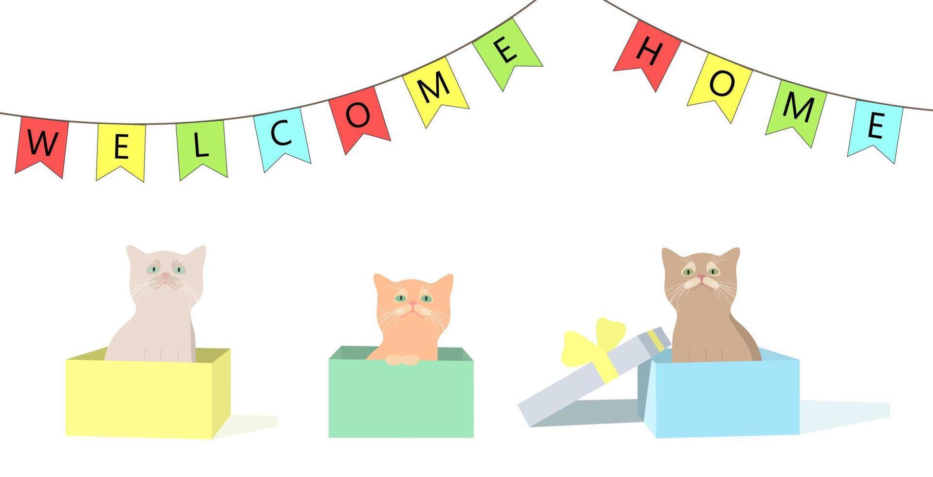 three kittens sit in boxes and look at the flags with the text welcome home. banner vector