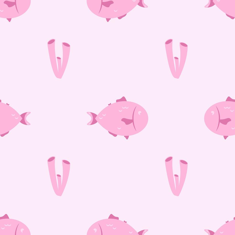 Funny fish, corals and marine life. Seamless endless background. Baby print.Simple sea vector seamless pattern with hand drawn fish on navy. Nautical background. Cartoon illustration. Underwater world