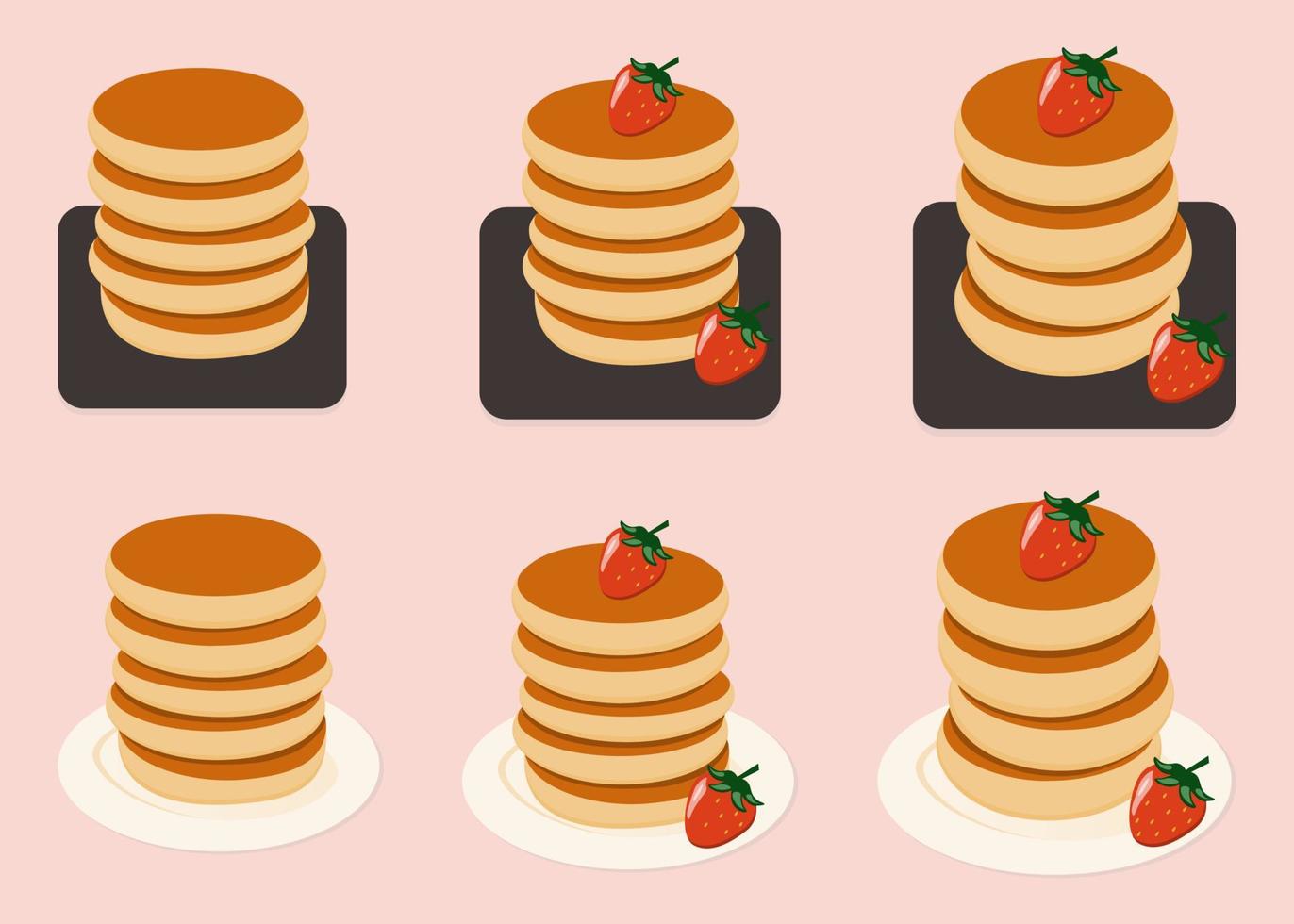 Cartoon pancakes. Stacks of tasty pancakes with strawberry. Delicious breakfast food vector illustrations. American brunch with berries. Set of homemade pancakes.