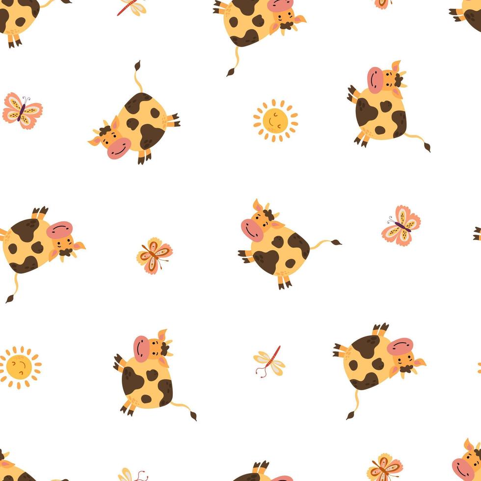 Seamless pattern with cute cows. Farm in hand-drawn style. Design for fabric, textile, wallpaper, packaging. vector