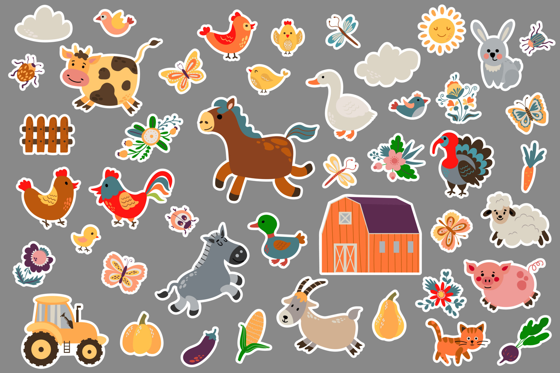 Farm animals sticker set. Drawn style. Vector illustration. 11714227