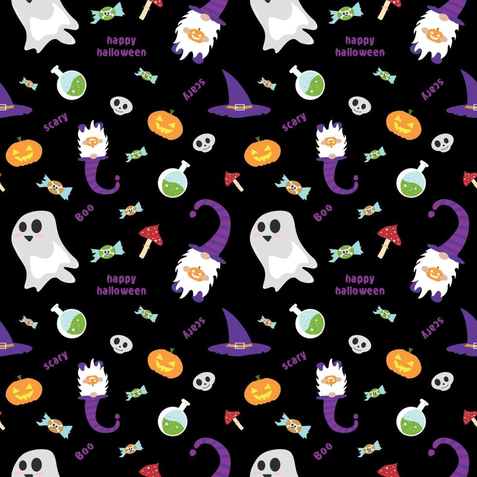Halloween seamless pattern. Vector background with pumpkin, gnome and bats, witch hat. Cute autumn design. Black spooky wallpaper illustrations. Scary holiday horror sketch. Magic print for halloween