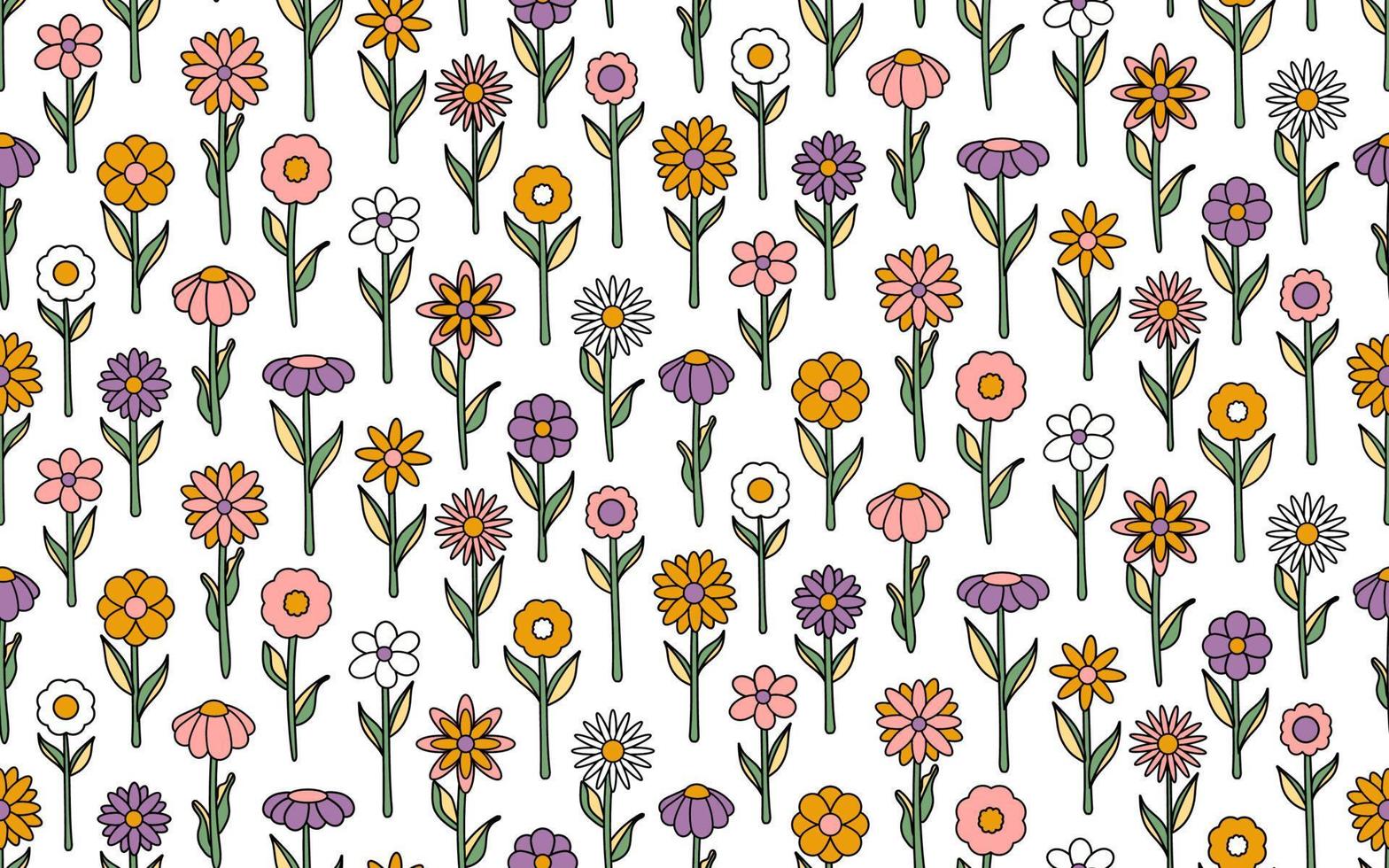 groovy background. Seamless bright repeat pattern of simple blooming flowers in 1970s psychedelic hippie style. graphic decor ornament in retro design. vector illustration