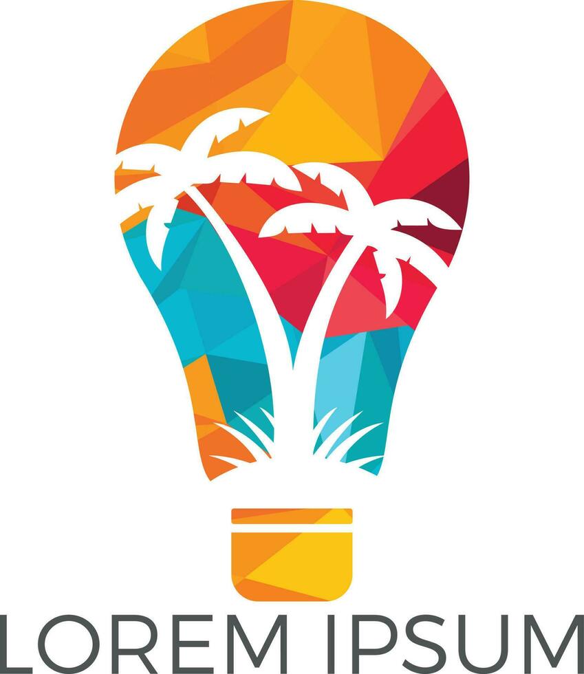 Abstract bulb lamp with palm tree logo design. Nature travel innovation symbol. Tour and travel concept design. vector
