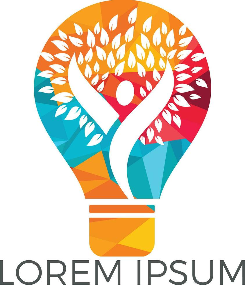 Human tree and light bulb logo design. Human health and care vector logo design template.
