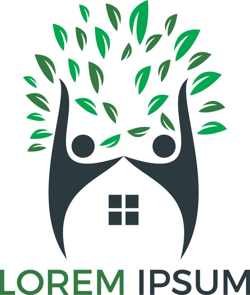 House and people logo design. Tree House and joyful people vector logo template.