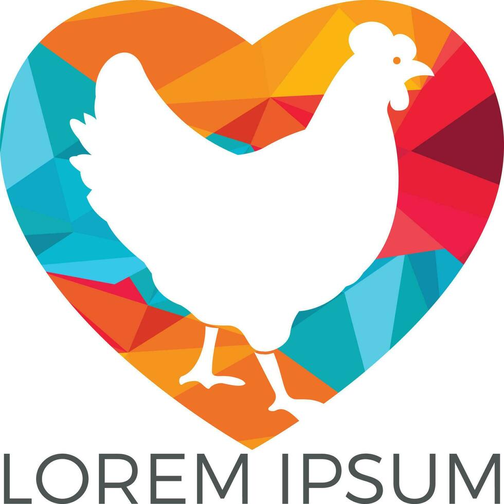 Diseño de logotipo vectorial con forma de corazón de gallina. logo, letrero, ícono para comestibles, carnicerías, carnicería, mercado de agricultores. vector