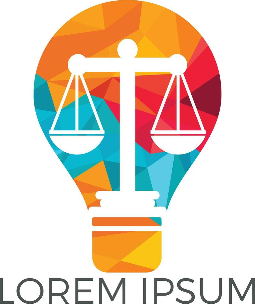 diseño del logo de la bombilla y la escala de la justicia. educación, logo de servicios legales. notario, justicia, icono de abogado o vector de símbolo.