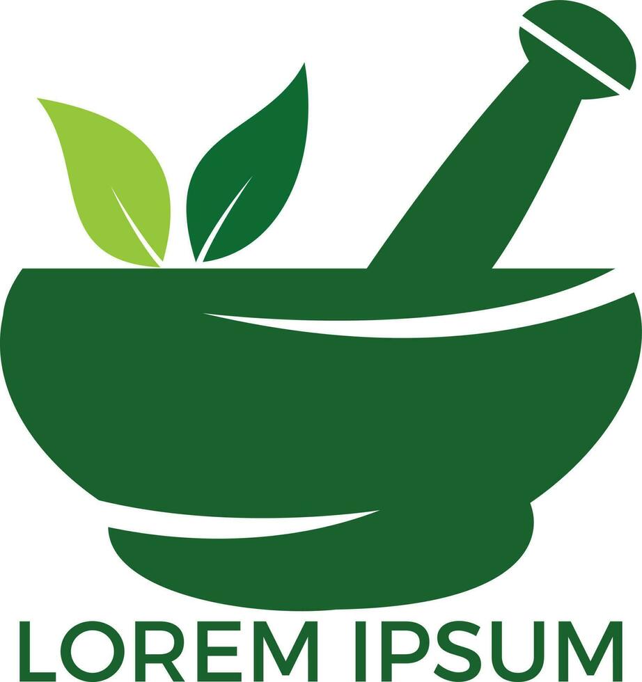 Pharmacy medical logo design. Natural mortar and pestle logotype, medicine herbal illustration symbol icon vector design.
