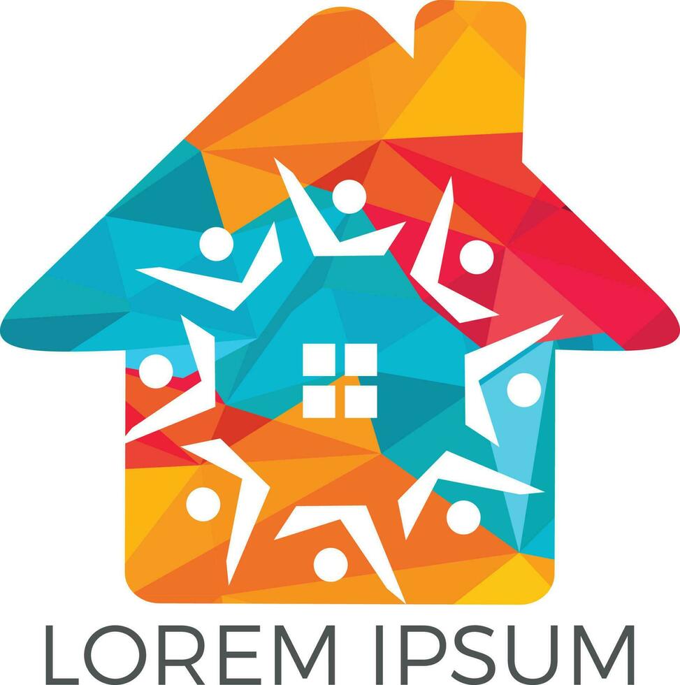 Community home logo design. House and people vector icon.