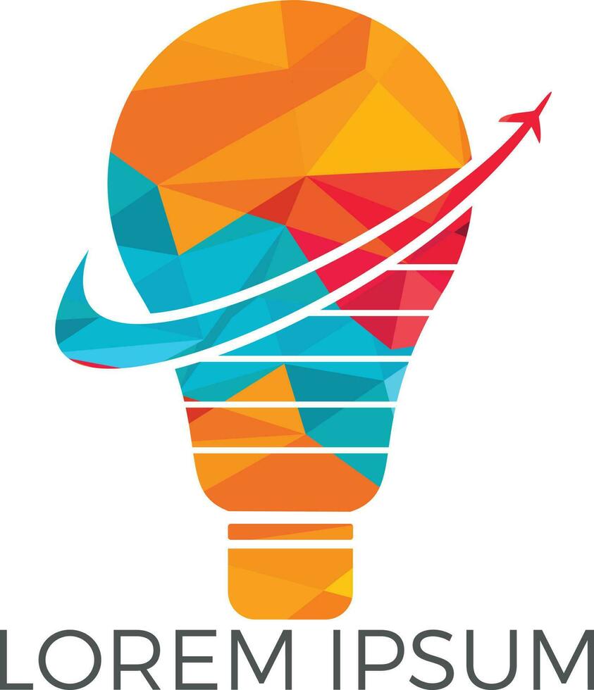 Travel and tourism idea concept design. Lightbulb and airplane symbol or icon. Unique idea and flight logotype design template. vector