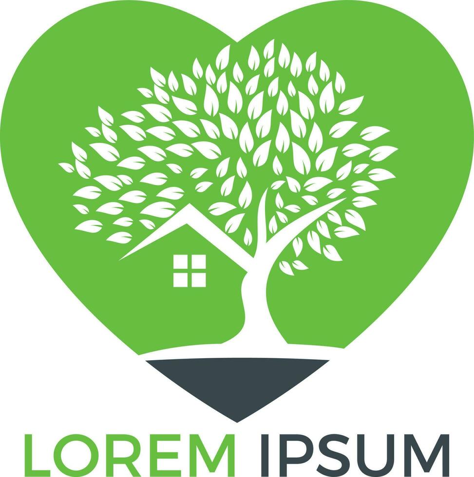 Tree house heart shape logo design. Eco house logo design. vector