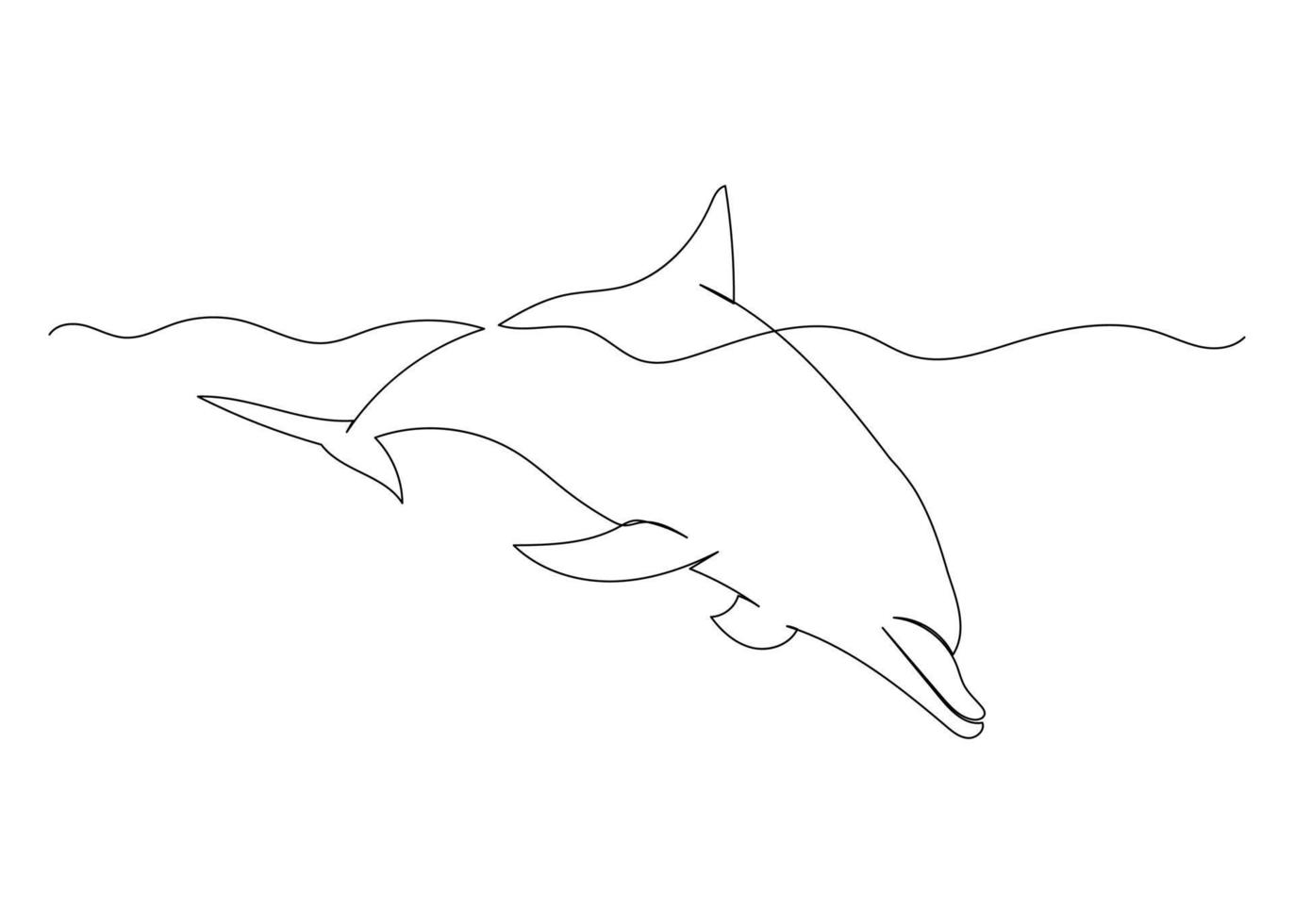 Continuous line drawing of dolphin with the ocean. Minimalism art. vector