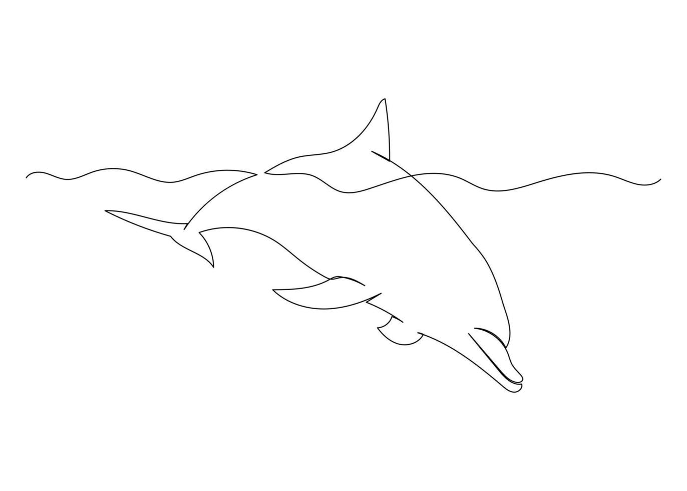 Continuous line drawing of dolphin with the ocean. Minimalism art. vector