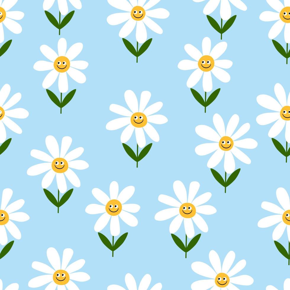 Seamless funny pattern with simple chamomile with smile on blue background. Print for fabric and wrapping paper. vector