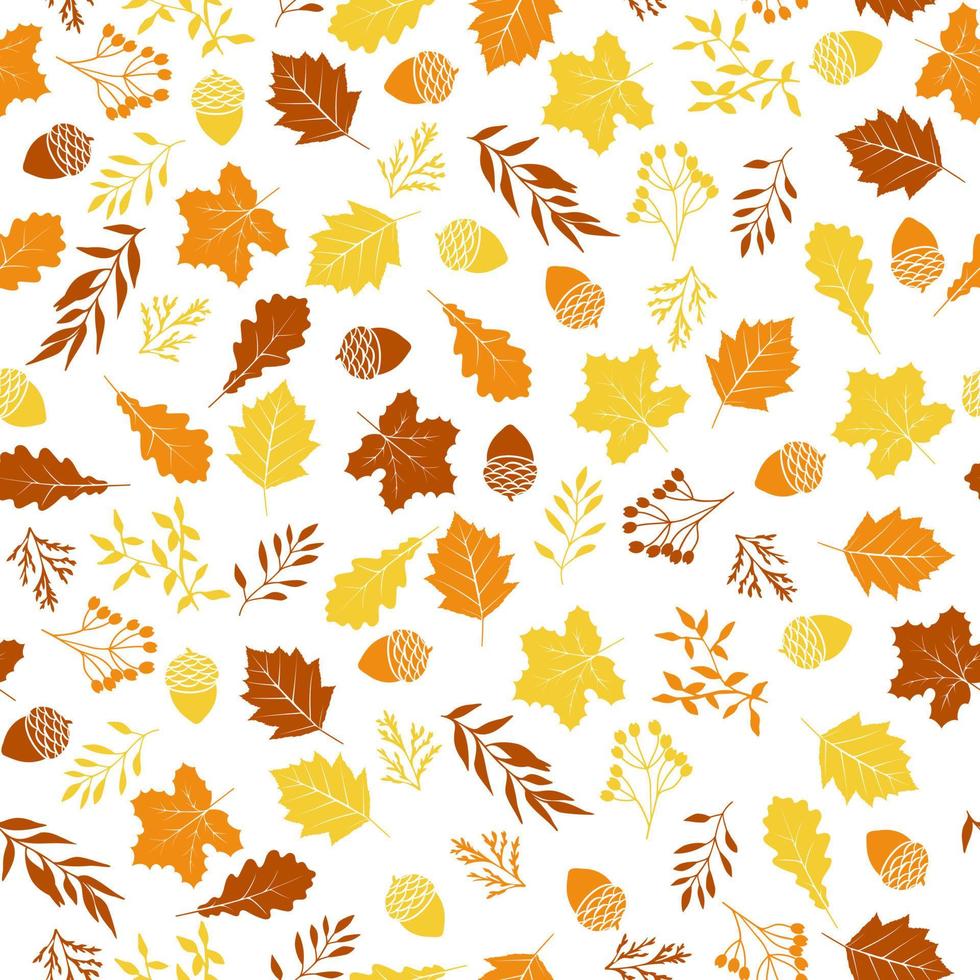 Seamless autumn pattern with leaves, acorns and twigs. vector