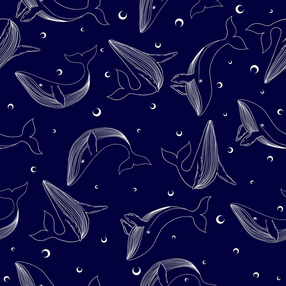 Marine seamless pattern with big whales. vector