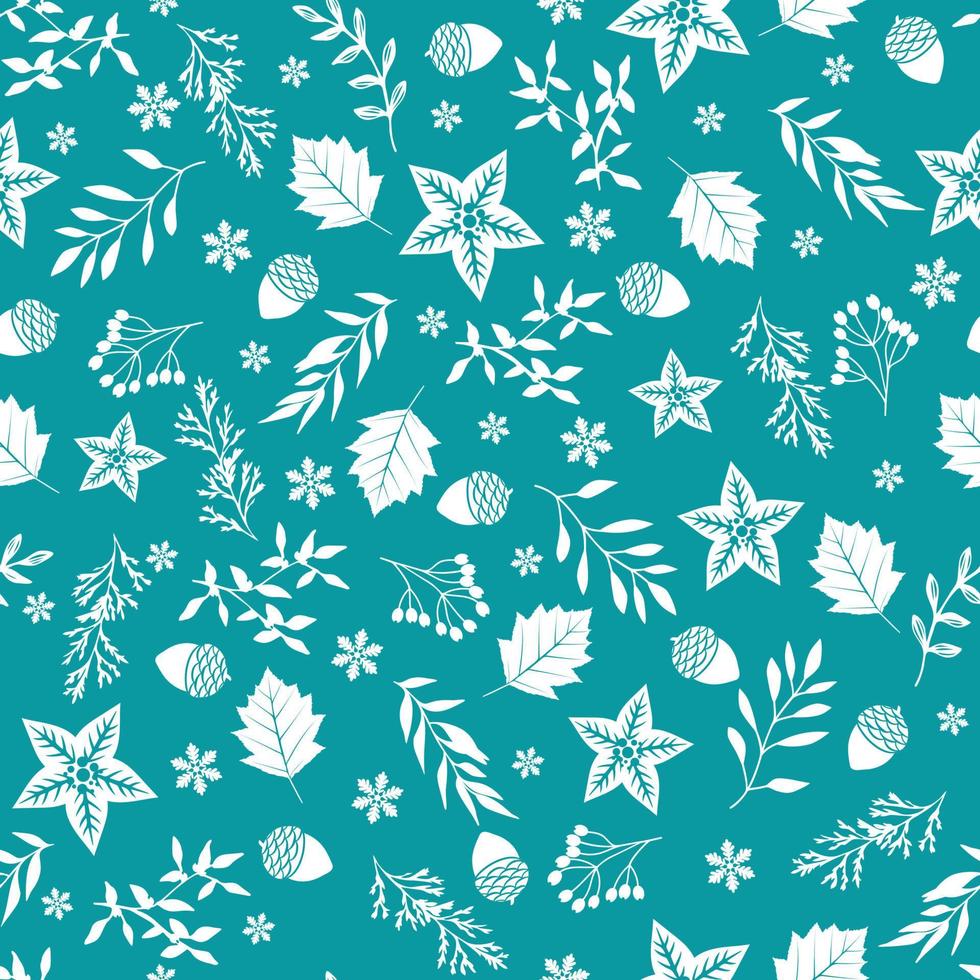 Seamless winter pattern with leaves, acorns and snowflakes. vector