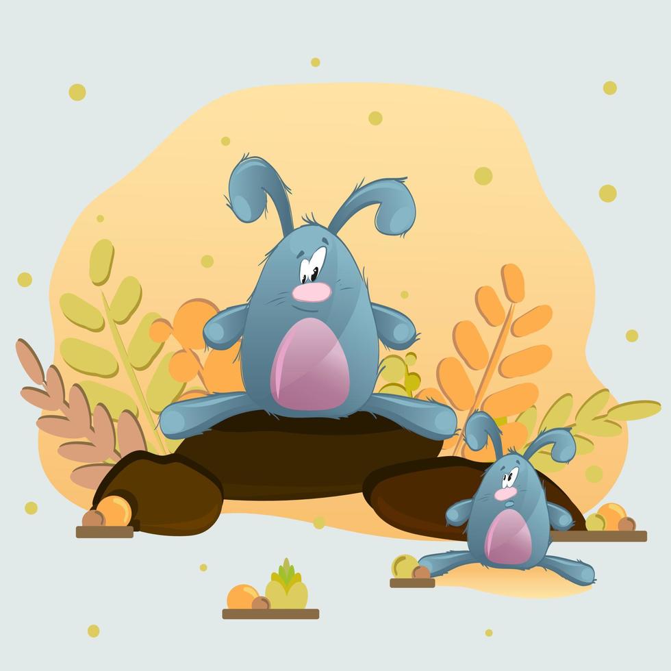 Autumn rabbits on the rocks in yellow leaves. vector