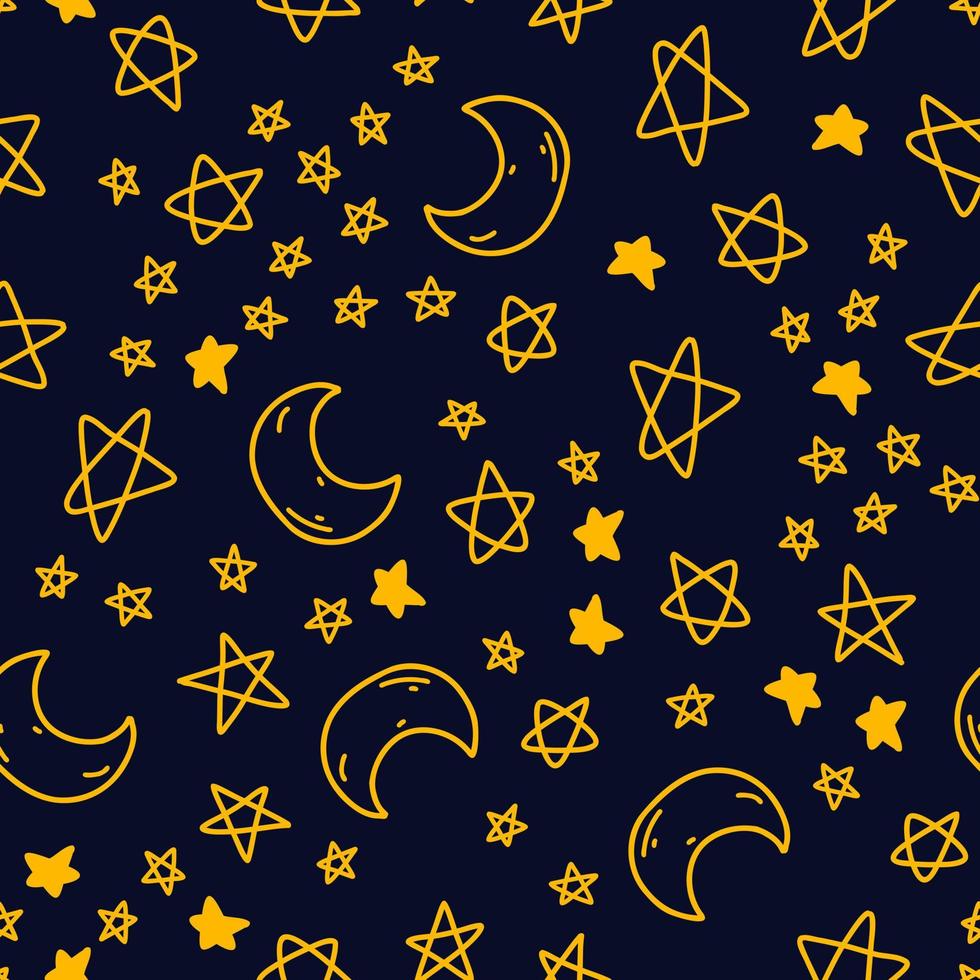 Seamless pattern with doodle moon and stars in neon orange color on blue background. Vector illustration of celestial luminaries for web and textile design, wrapping papper, card, print