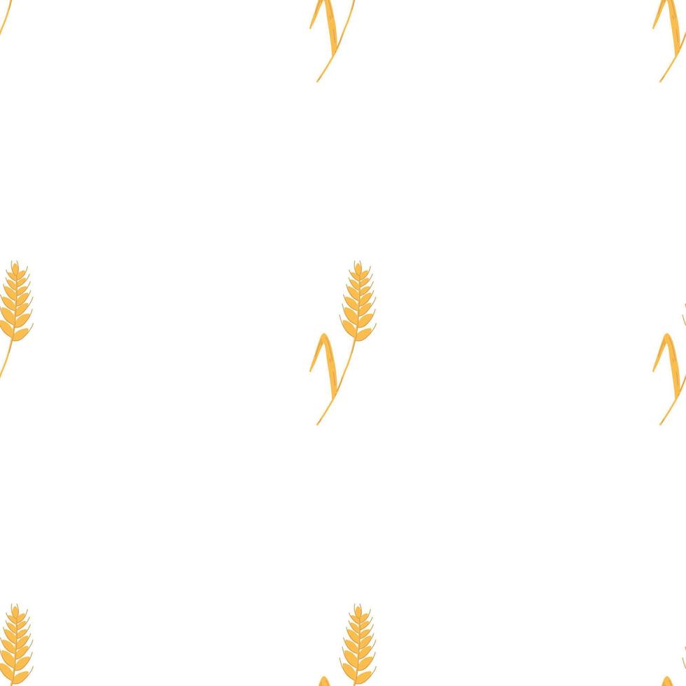 Seamless pattern with spikelets and grains of wheat on white background. Vector cartoon flat illustration for backery packaging, flour production, agriculture, harvest design