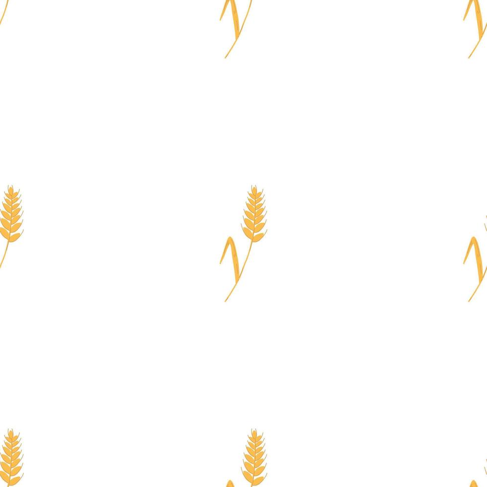 Seamless pattern with spikelets and grains of wheat on white background. Vector cartoon flat illustration for backery packaging, flour production, agriculture, harvest design