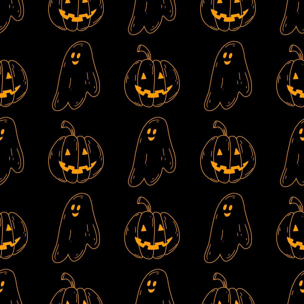 patrón sin costuras de halloween con fantasma de garabato y calabaza en colores neón sobre fondo negro. ilustración vectorial para diseño web y textil, papel de envolver, tarjeta, impresión vector