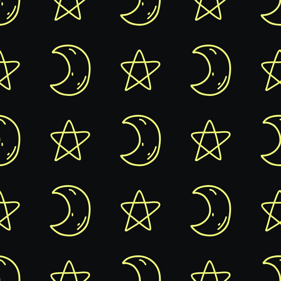 patrón impecable con luna de fideos y estrellas en color amarillo neón sobre fondo negro. ilustración vectorial de luminarias celestiales para diseño web y textil, papel de envolver, tarjeta, impresión vector