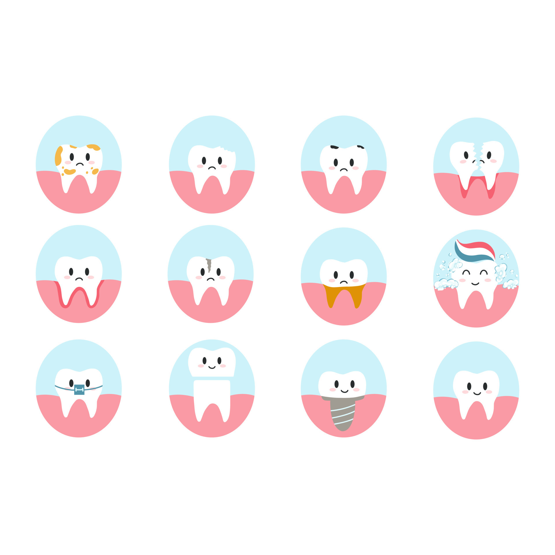 Set of teeth characters in cartoon flat style. Vector illustration of various dental diseases and tooth condition, as caries, crack, split, gingivitis, implant, wisdom tooth for brochure, banner 11716296 Vector Art at Set of teeth characters in cartoon flat style. Vector illustration of various dental diseases and tooth condition, as caries, crack, split, gingivitis, implant, wisdom tooth for brochure, banner 11716296 Vector Art at