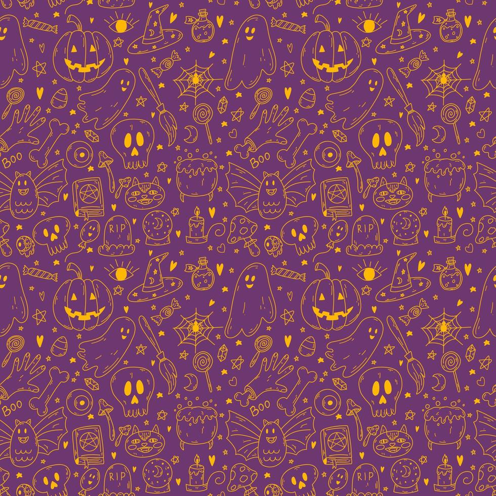 Seamless pattern with doodle cartoon Halloween objects in orange neon color on lilac background. Sketch of ghost, pumpkin, bone, poison, skull, spell book, cat, candle, bat, grave vector