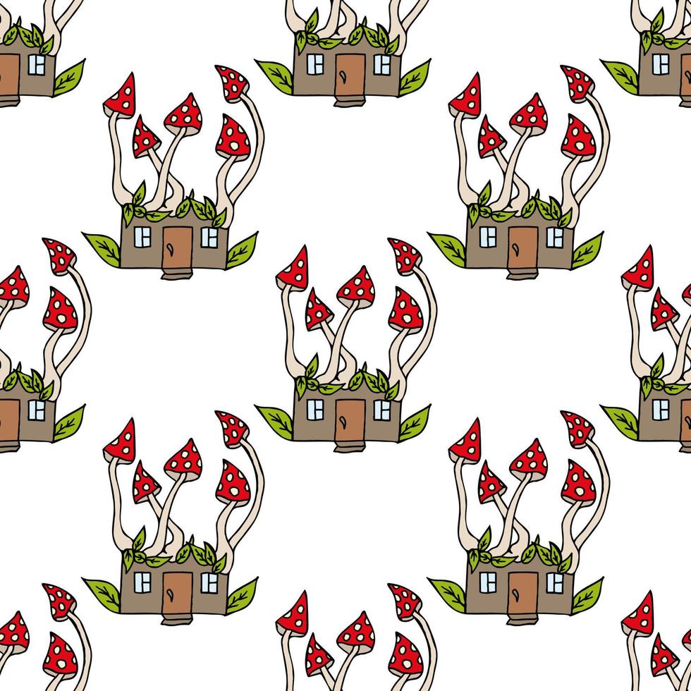 Seamless pattern with mushroom house 3 on white background. Vector image.