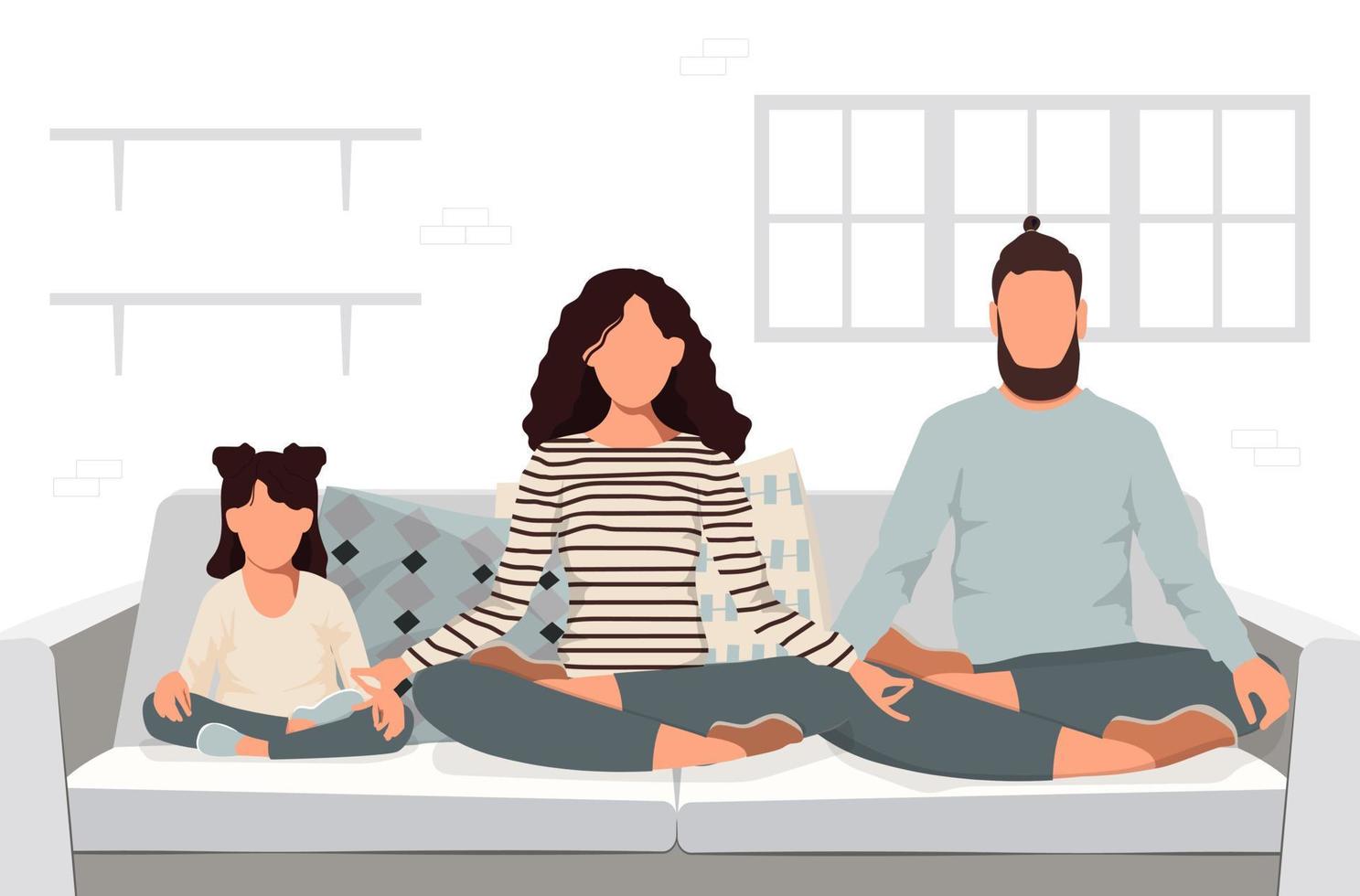 Yoga family. Mother, father, and daughter sitting in lotus pose on the sofa, meditating, practicing yoga. Vector illustration