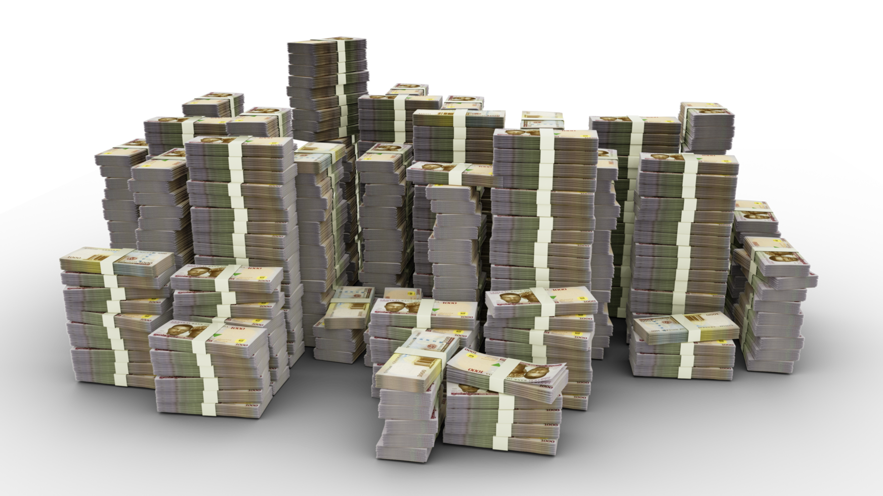 Big stack of 1000 Nigerian naira notes. A lot of money isolated on transparent background. 3d rendering of bundles of cash png