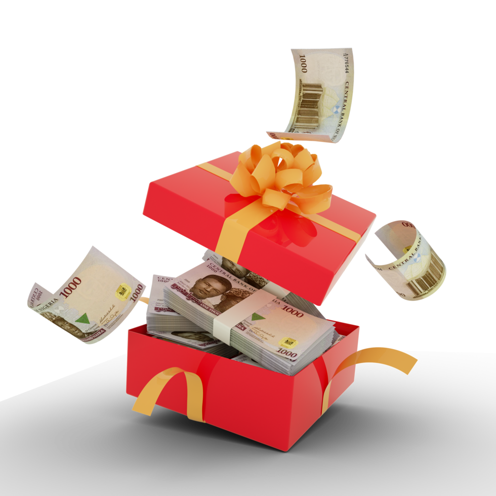 nigerianische Naira-Noten in einer offenen roten Geschenkbox. nigerianischer Naira drinnen und um eine Geschenkbox herumfliegen. 3D-Rendering von Geld innerhalb der Box isoliert auf transparentem Hintergrund png