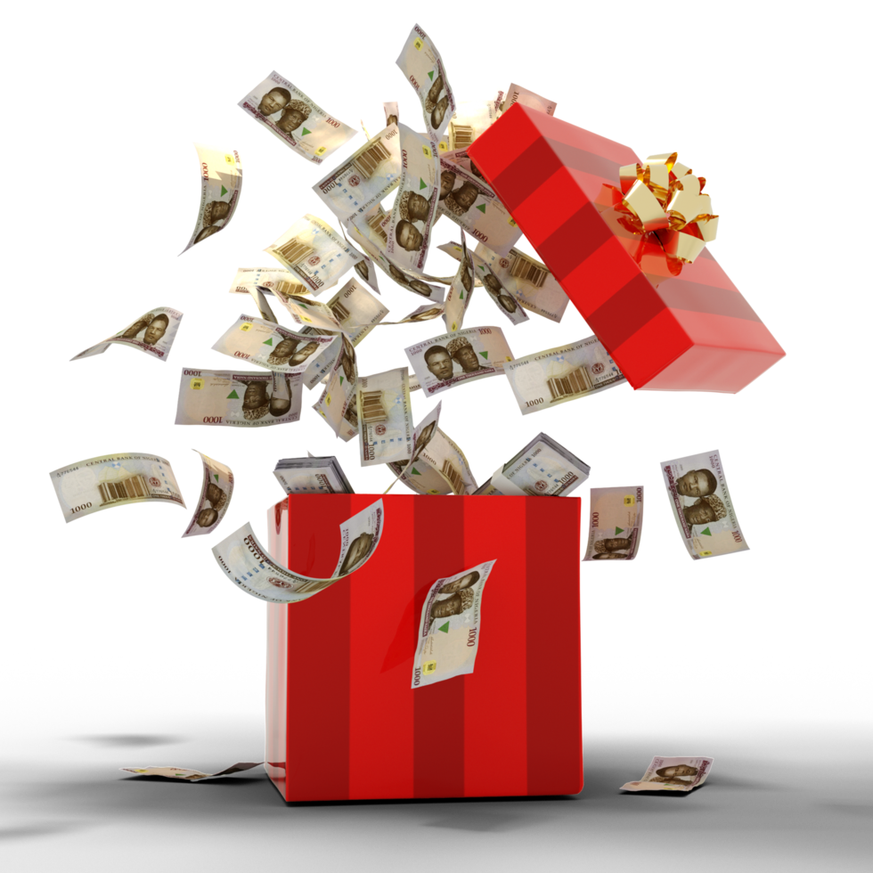 3D rendering of A lot of Nigerian Naira notes coming out of an opened red gift box png