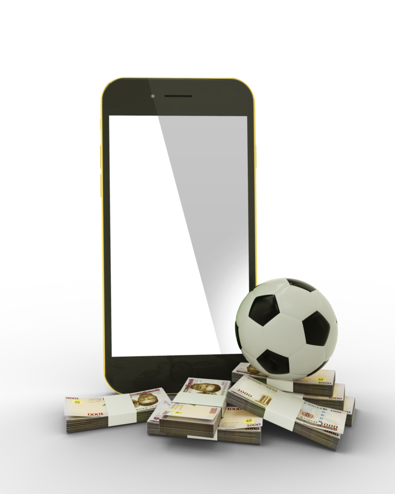 3d interpretazione di un' mobile Telefono con calcio palla e pile di nigeriano naira Appunti isolato su trasparente sfondo. png