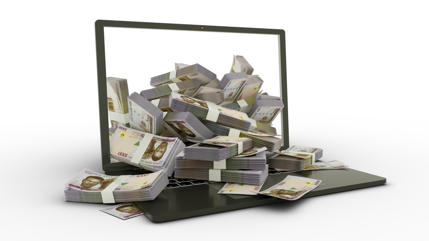 3D-Rendering von nigerianischen Naira-Noten, die aus einem Laptop-Monitor kommen, isoliert auf transparentem Hintergrund. Stapel von Naira-Noten in einem Laptop. Geld vom Computer, Geld vom Laptop png