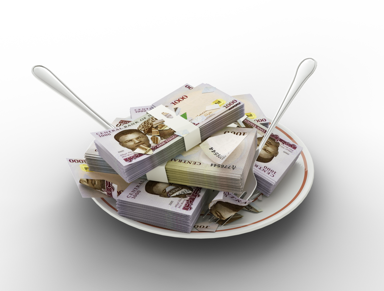 3D rendering of Nigerian naira notes on plate. Money spent on food concept. Food expenses, expensive meal, spending money concept. eating money, misuse of money png