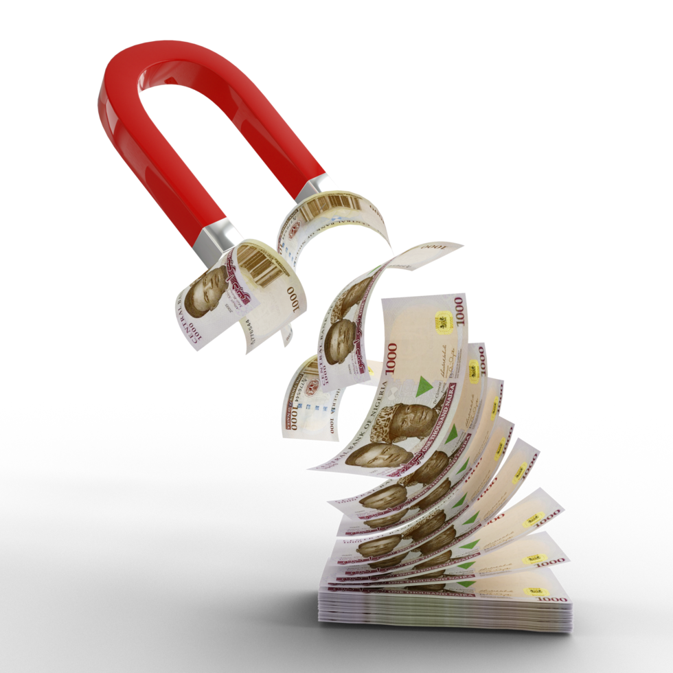 3D rendering of Horseshoe magnet attracting Nigerian Naira notes isolated on transparent background. Attracting money concept. Strategy for a successful business png